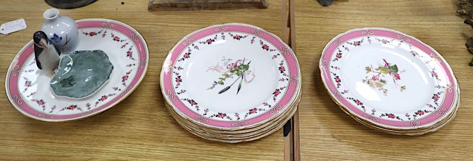 A set of eight floral and gilt dessert plates and comport and a Copenhagen penguin miniature vase and frog leaf dish